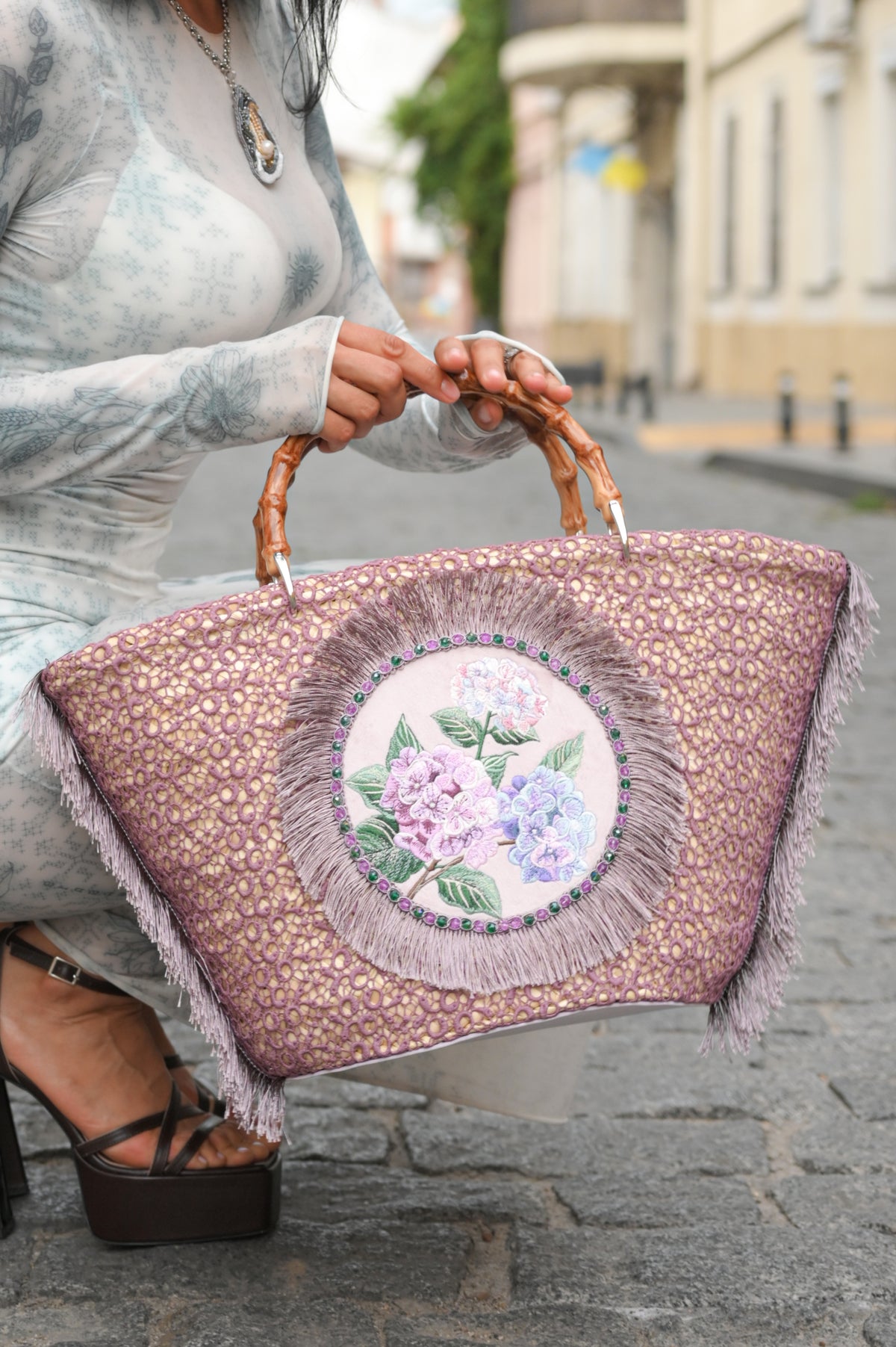 "Hydrangea" Moroccan Straw Bag